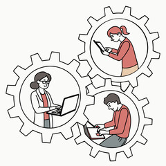 Team collaboration and technology working together in connected cogwheel illustration