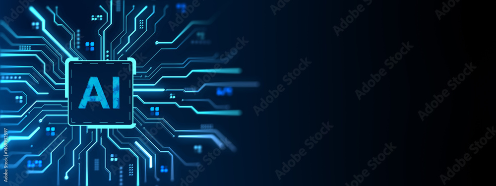 Poster Abstract digital AI circuit background with glowing blue neural network connections and futuristic tech interface on dark backdrop for banner or template. 3D Rendering