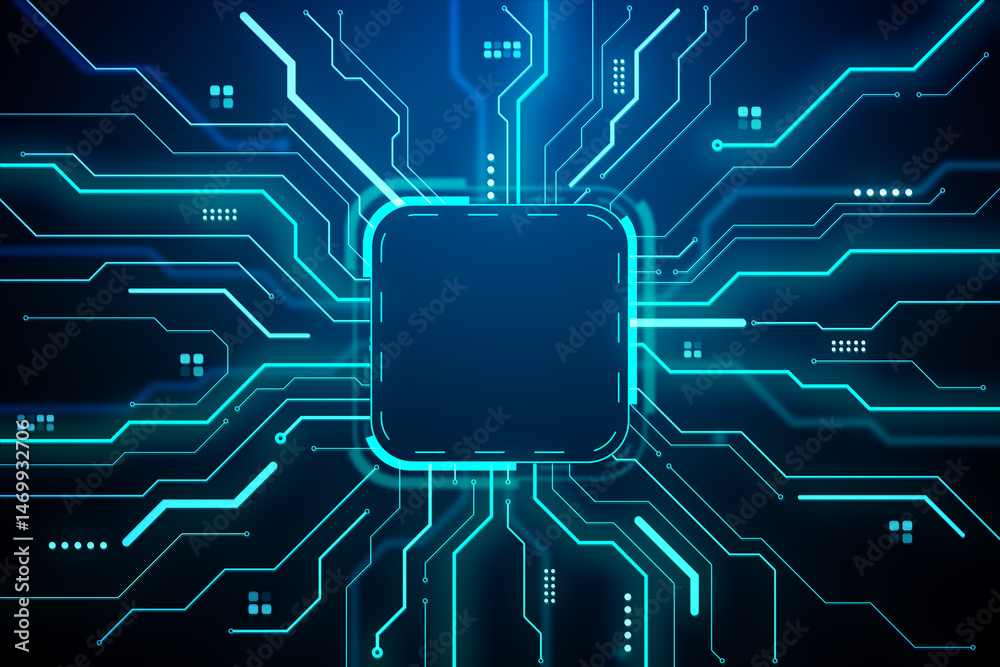 Leinwandbilder Futuristic glowing circuit background with central processor unit and neon blue interface lines on dark backdrop. 3D Rendering