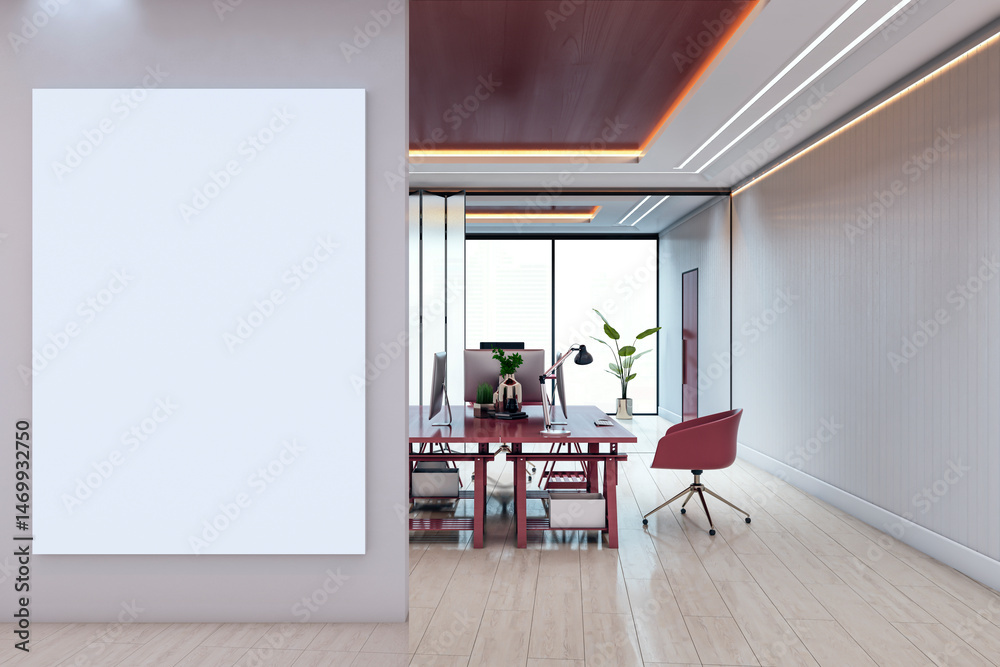 Poster Blank vertical poster mockup on modern office wall with sleek workspace in background and minimalistic interior design setup. 3D Rendering