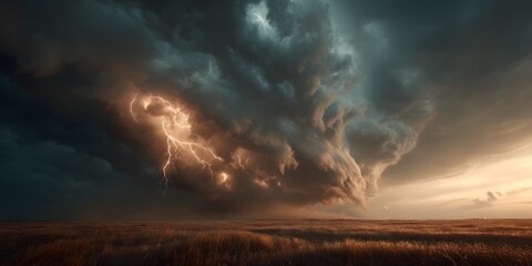 Obraz premium Colossal dark tornado, golden field, turbulent sky, bright lightning. Photorealistic, hyperdetailed, cinematic wide. Large sky area.