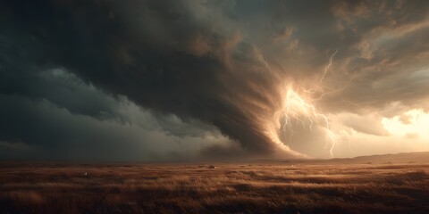 Obraz premium Colossal dark tornado, golden field, turbulent sky, bright lightning. Photorealistic, hyperdetailed, cinematic wide. Large sky area.