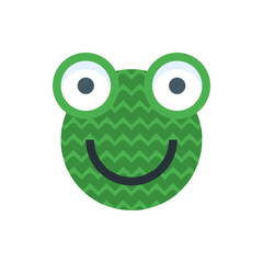 Illustration of a green frog face with zigzag pattern and round eyes and a curved mouth expression