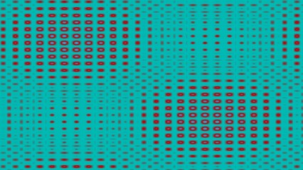 Teal background with red repeating geometric shapes, creating an optical illusion of depth and movement