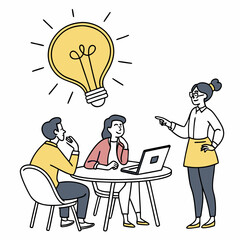 Business team brainstorming and idea generation with lightbulb symbol above on white background