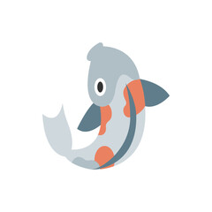 Illustration of a stylized koi fish with grey body, orange spots, and dark blue fins on a white background