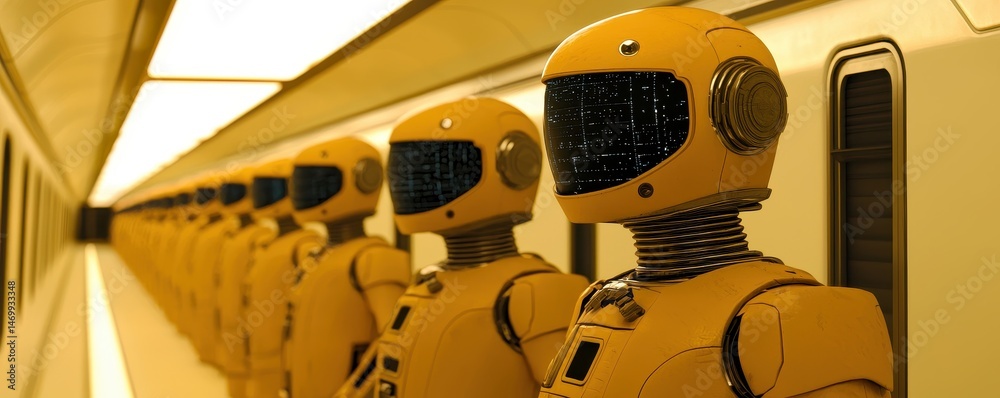 Poster a row of yellow humanoid robots stands in a futuristic corridor, each identical and facing forward u