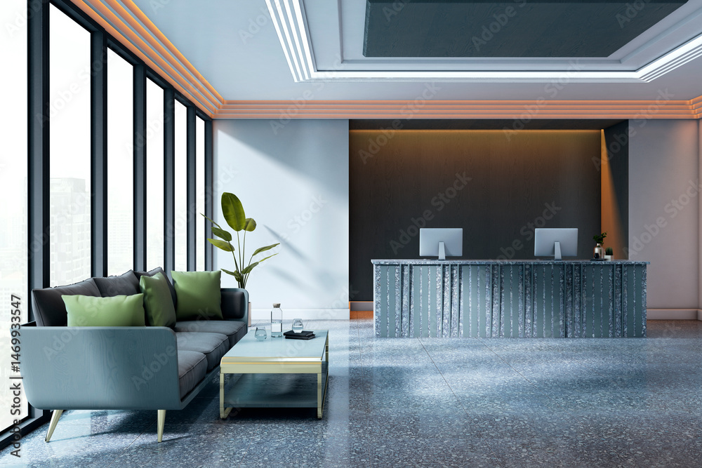 Poster modern office reception area with counter, sofa, and large windows showing city view in bright natur