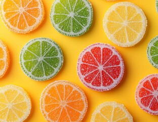 Obraz premium Colorful fruit slices candy pattern on a yellow background