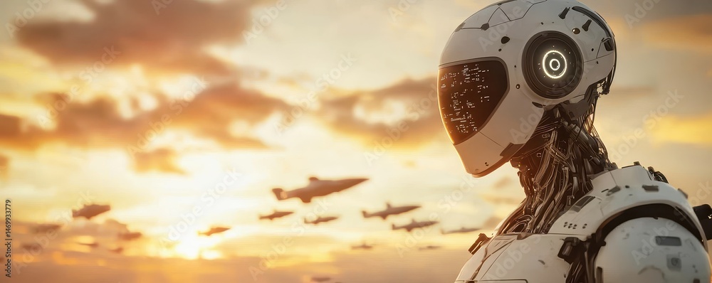 Poster a futuristic robot stands against a dramatic sunset sky as drones fly in the background, symbolizing