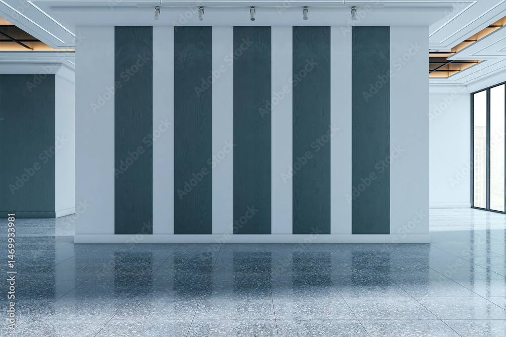 Poster modern minimalist interior space with striped panel wall in natural light, ideal for creative backgr