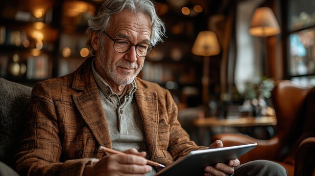 A mature man with glasses in a cozy setting is attentively using a digital tablet, suggesting leisure, learning, or work in a comfortable environment currently.