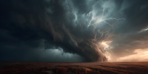 Naklejka premium Colossal dark tornado, golden field, turbulent sky, bright lightning. Photorealistic, hyperdetailed, cinematic wide. Large sky area.
