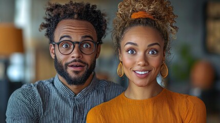 An attractive biracial couple with joyful expressions stands close together indoors, exhibiting surprise and excitement with wide eyes and genuine smiles on their faces.