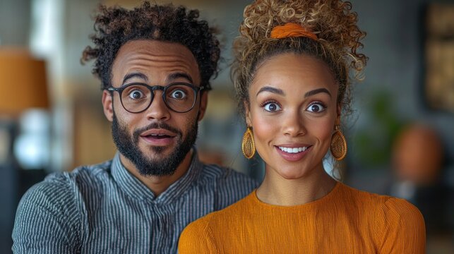 An attractive biracial couple with joyful expressions stands close together indoors, exhibiting surprise and excitement with wide eyes and genuine smiles on their faces. - Powered by Adobe
