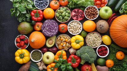 Healthy eating ingredients: fresh vegetables, fruits and superfood. Clean eating and detox....