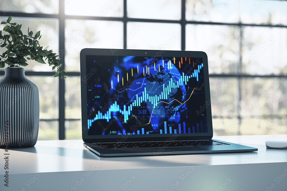 Aufkleber Closeup of laptop displaying financial charts and currency exchange data on digital screen with city view window background in modern workspace. 3D Rendering