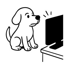 A dog sitting upright and staring at a TV screen, ears perked, completely absorbed, minimalist style.
