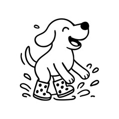 A happy dog in tiny rain boots hopping through puddles, tail up, with playful splashes around.