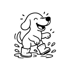 A happy dog in tiny rain boots hopping through puddles, tail up, with playful splashes around.