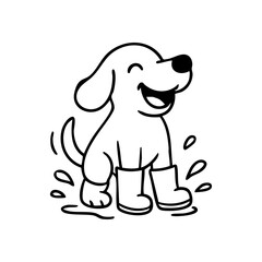 A happy dog in tiny rain boots hopping through puddles, tail up, with playful splashes around.