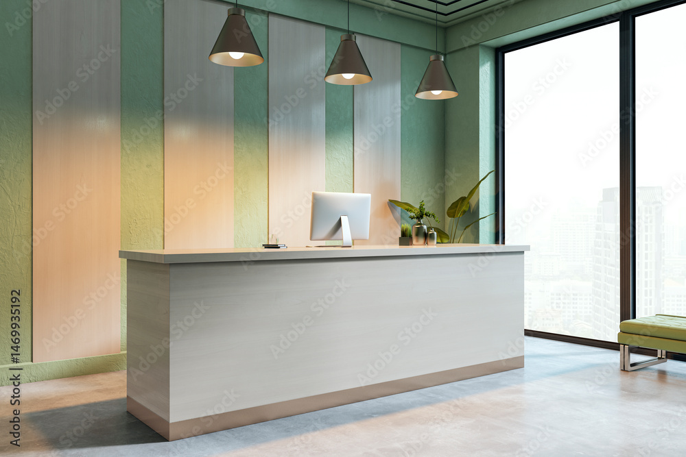 Poster Modern reception desk mockup in bright office interior with clean minimalist design and large window view for branding and template use. 3D Rendering
