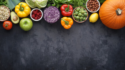 Healthy eating ingredients: fresh vegetables, fruits and superfood. Clean eating and detox....