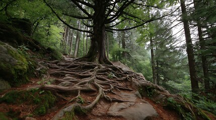 Forest path with exposed roots on a hillside