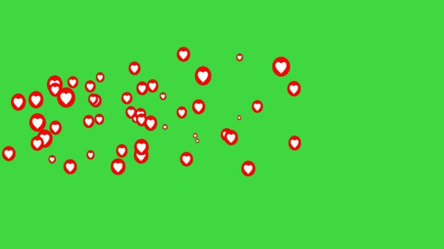 social media emoji, love react animation green screen.  red love heart emoji chroma key background. social media love reaction. social media live streaming on green background. love flying  loop video