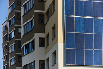 Many solar panels texture with copyspace. Building with lots of solar panels. Renewable solar energy. Alternative Generator Energy efficient house uses solar energy of sun.