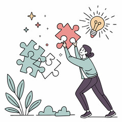 Woman connecting puzzle pieces representing teamwork and idea generation