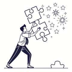 Achieving success man putting puzzle pieces together sparking brilliant ideas
