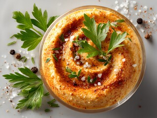 Delicious creamy hummus in a glass bowl garnished with fresh parsley, sea salt, and peppercorns.