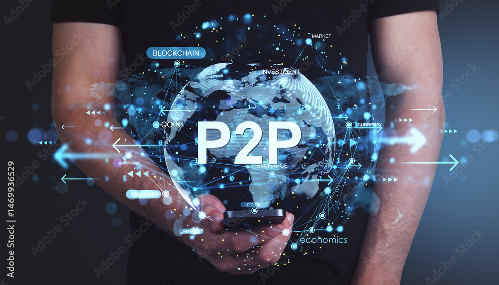 Poster p2p global digital finance concept with person holding smartphone and holographic network connection