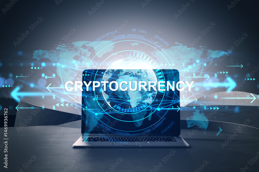 Fototapete Digital cryptocurrency concept with glowing graphics and laptop on desk showing global financial technology network on futuristic background.
