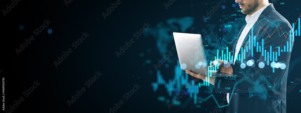 Poster businessman analyzing financial data using laptop with futuristic digital charts and graphs on dark 
