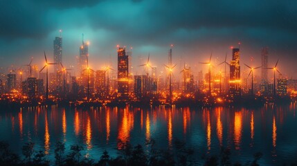 Fototapeta premium A vibrant cityscape glows with warm orange light reflecting on the water, showcasing wind turbines and skyscrapers beneath a moody, atmospheric sky at twilight.