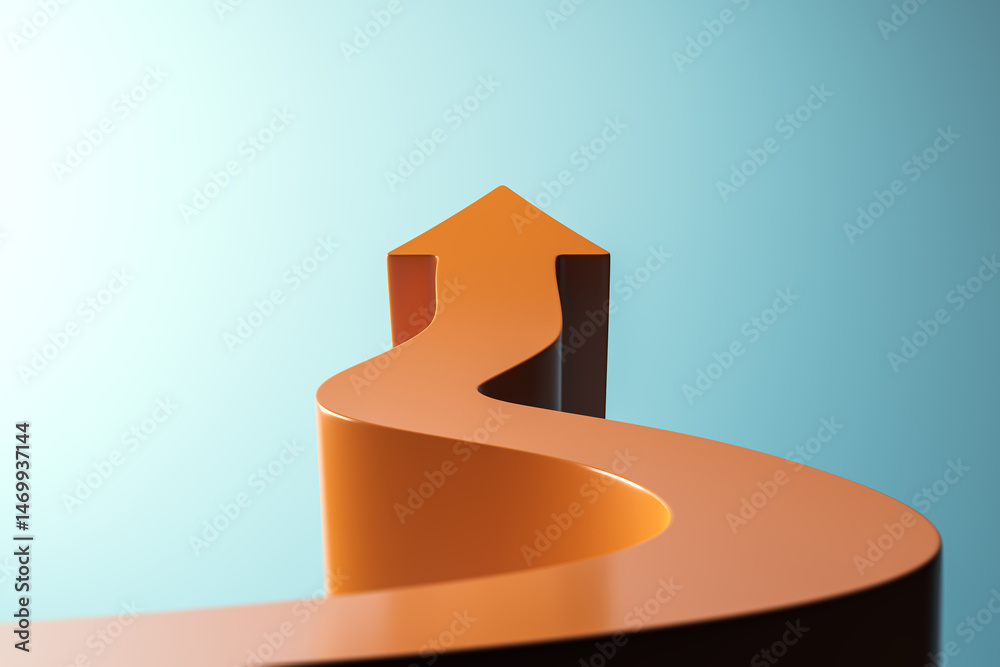 Poster Curved orange upward arrow on modern gradient background symbolizing ambition, leadership and growth in a minimalistic 3D design concept. 3D Rendering