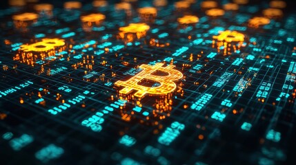 Illuminated Bitcoin symbols glow on a digital circuit board representing cryptocurrency and blockchain technology for secure financial transactions online now (150)