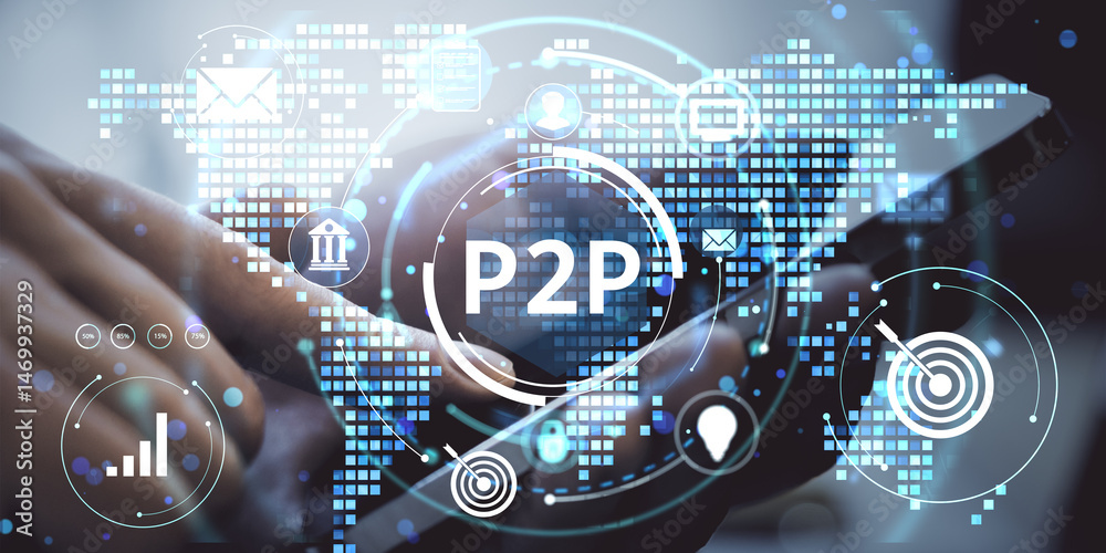 Aufkleber P2P financial technology concept with digital interface showing peer-to-peer lending icons over mobile device in business environment background.