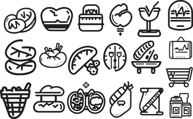 Obesity Health Risks line icon set. Vector pictograms of BMI chart, body weighing scale, diabetes, cholesterol problems, high blood pressure, fast food, mental health thin linear illustration