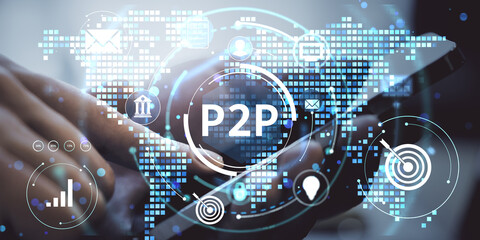 P2P financial technology concept with digital interface showing peer-to-peer lending icons over mobile device in business environment background.
