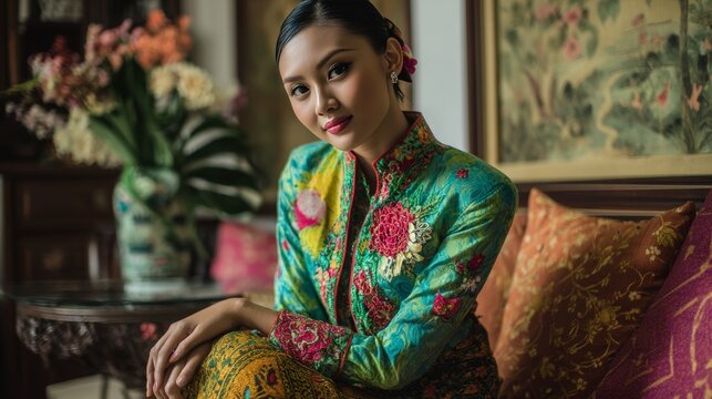 Elegant Malaysian Woman Wearing Traditional Baju Kebaya Posing Indoors for Cultural Fashion Presentation