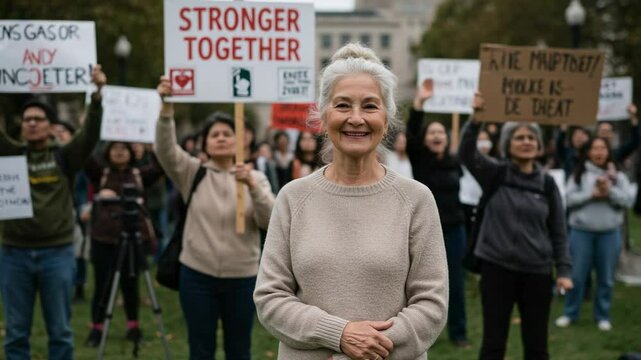 A Joyful Elderly Woman With Light Gray Hair Wearing a Beige Sweater Smiles in Front of Protesters Holding Signs Emphasizing Unity and Social Justice at a Public Demonstration