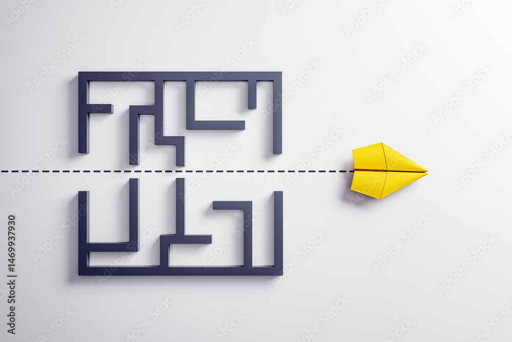 Poster yellow paper plane flying over black maze on light background symbolizing leadership, innovation, an