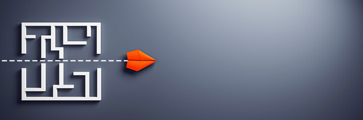 Red paper plane flying straight through labyrinth symbolizing leadership and innovation on clean dark background with copy space for design template. 3D Rendering