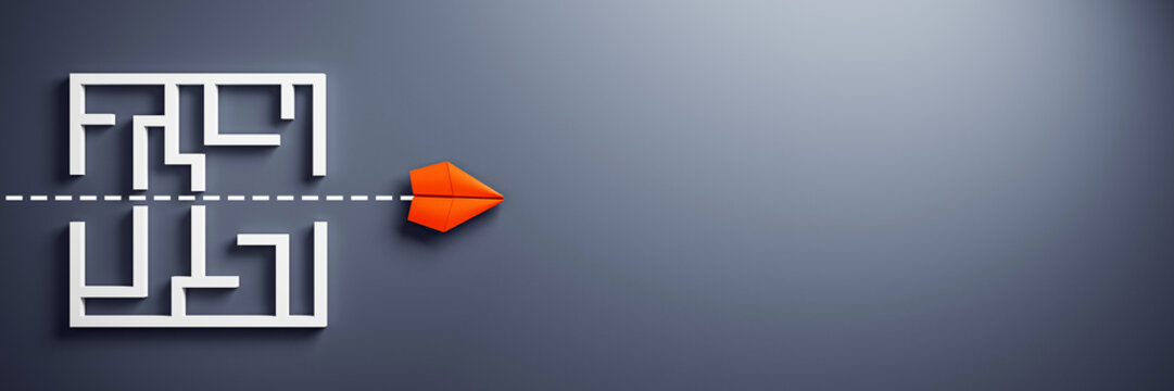 Red paper plane flying straight through labyrinth symbolizing leadership and innovation on clean dark background with copy space for design template. 3D Rendering