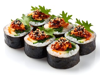 Delicious and vibrant kimbap rolls with spicy gochujang, seaweed, and fresh vegetables are beautifully arranged on a white background.