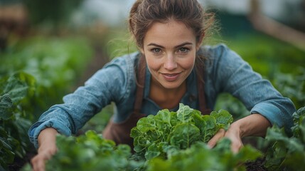 Fototapeta premium A smiling female farmer wea a denim shirt and apron gently tends to her lush green lettuce crop in her vibrant and thriving vegetable garden today.