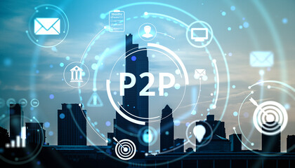 Peer-to-peer fintech concept over city skyline with holographic financial service icons and technology symbols in digital overlay style.